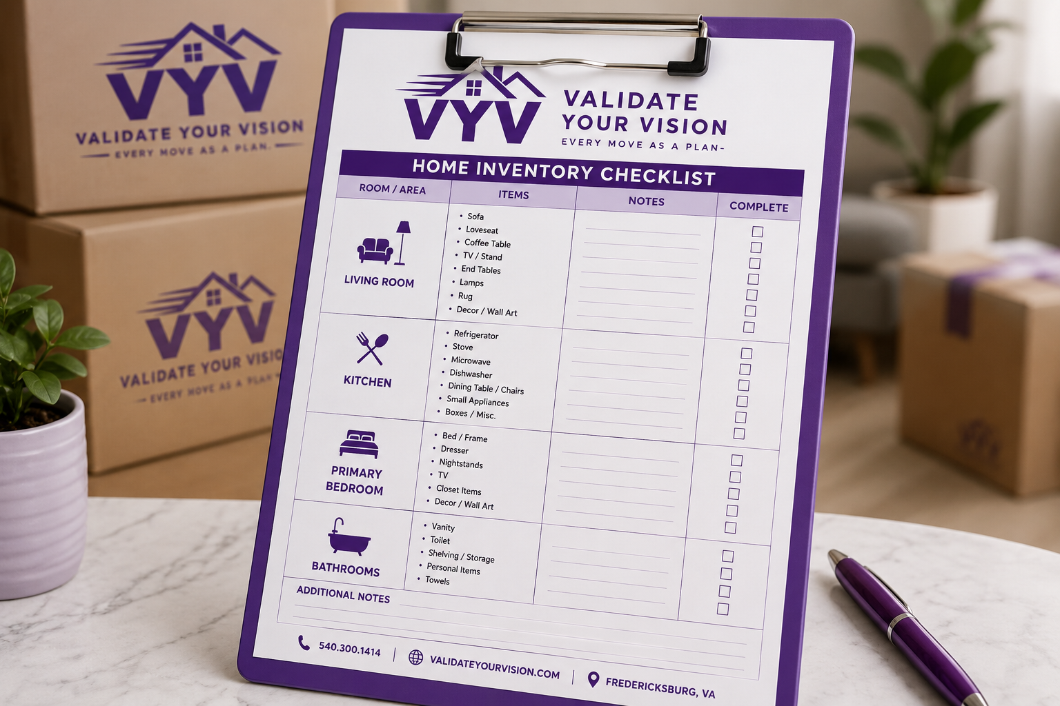 VYV Home Inventory Checklist, room-by-room moving plan on a branded clipboard